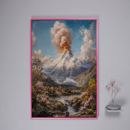 Erupting Volcano Over a Winter Lake, Canvas Wall Art in pink floating frame