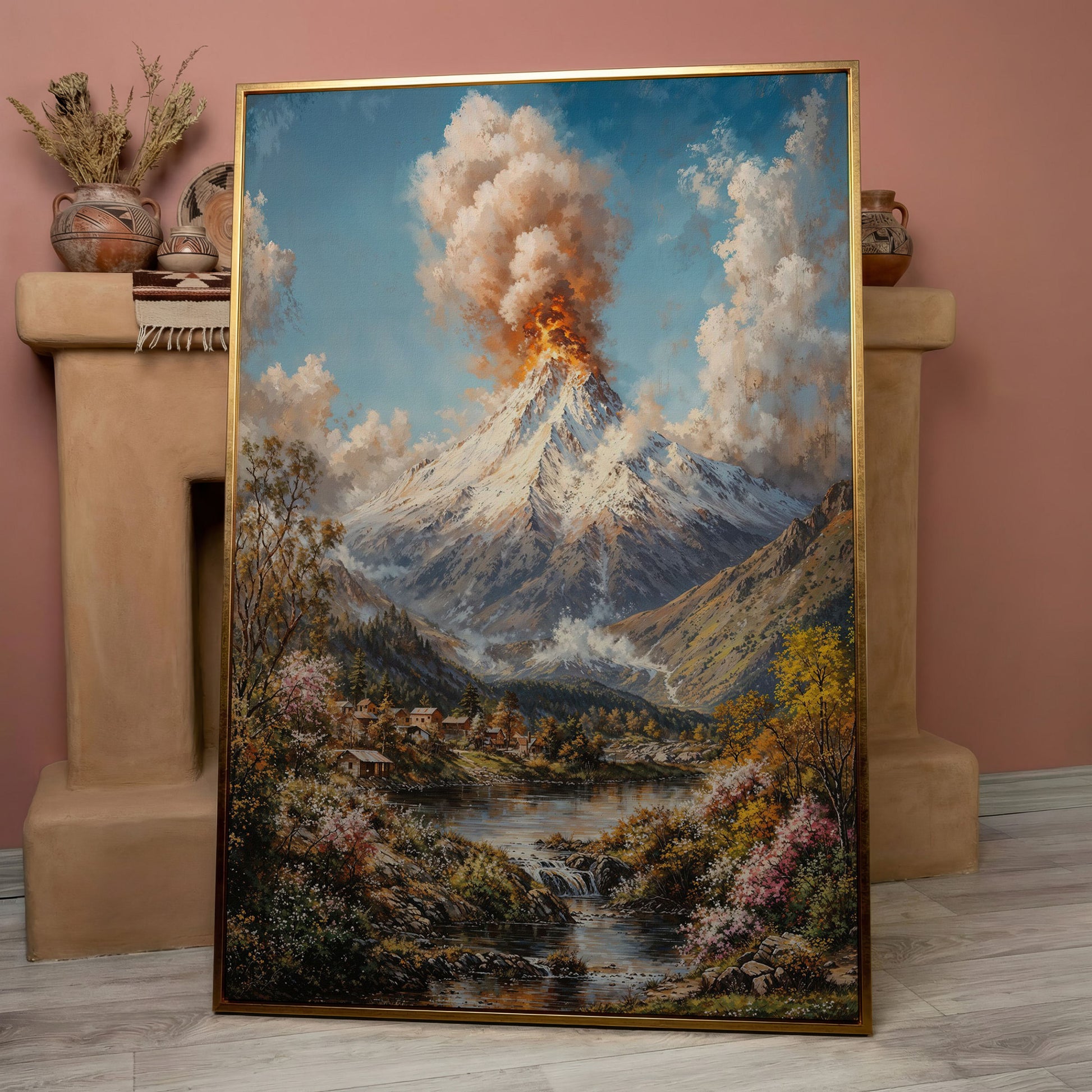 Erupting Volcano Over a Winter Lake, Canvas Wall Art in rose gold floating frame
