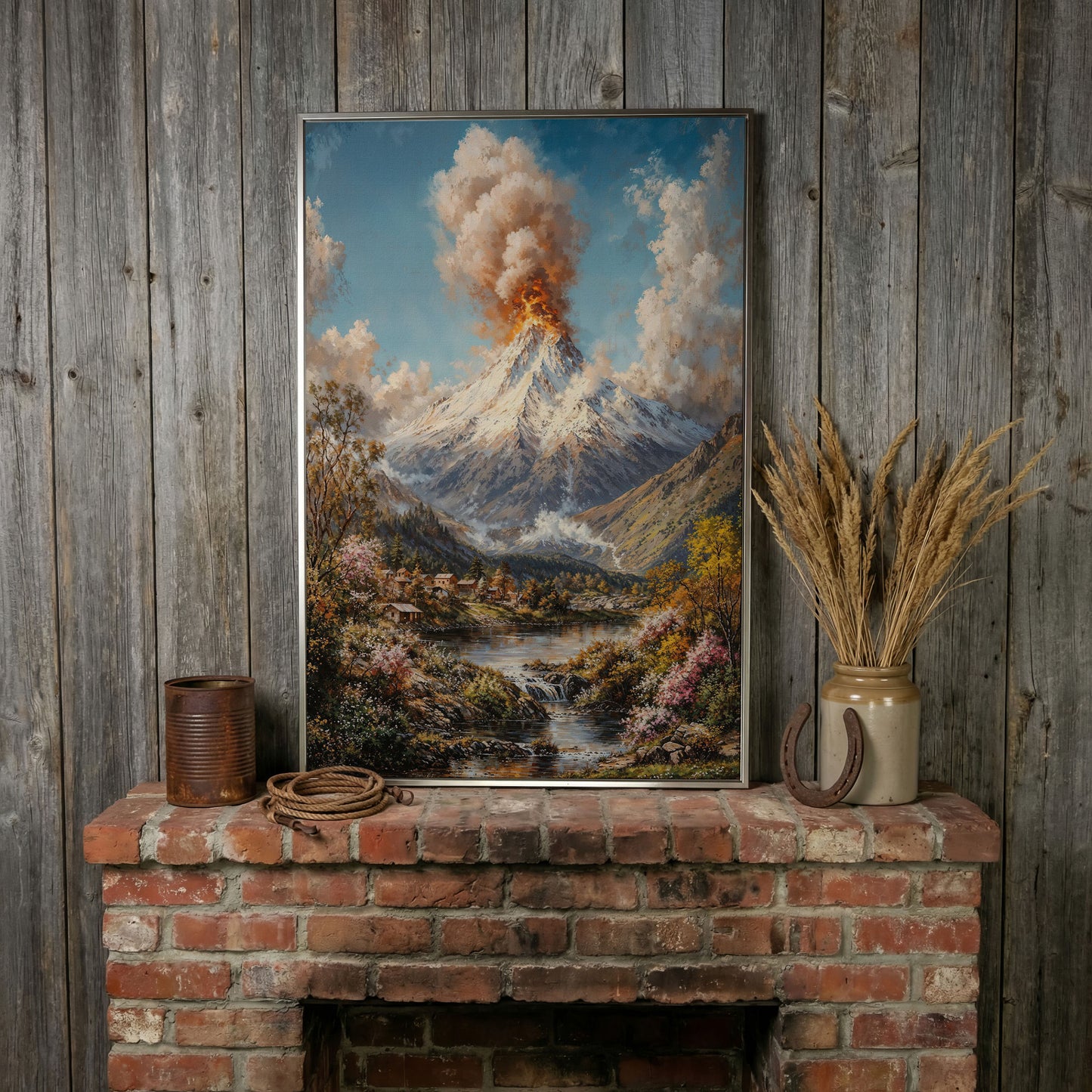 Erupting Volcano Over a Winter Lake, Canvas Wall Art in silver floating frame