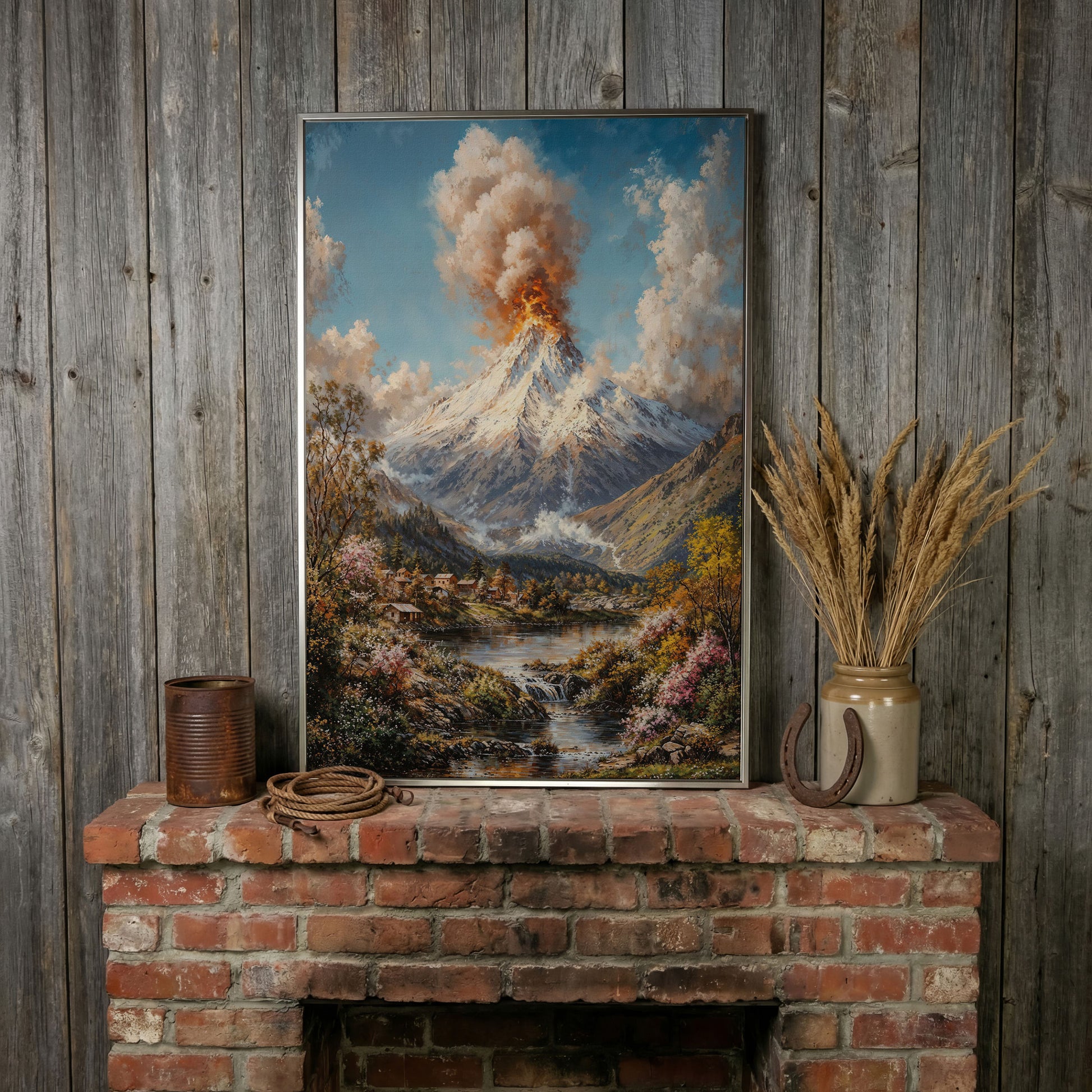 Erupting Volcano Over a Winter Lake, Canvas Wall Art in silver floating frame