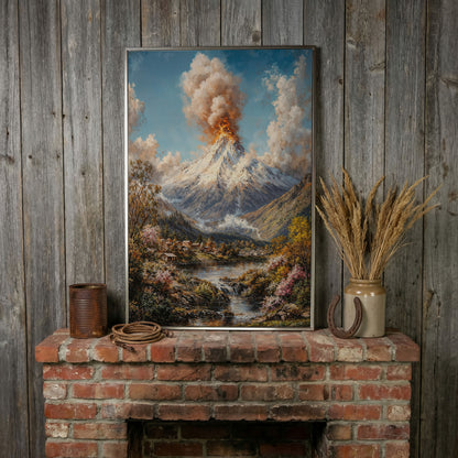 Erupting Volcano Over a Winter Lake, Canvas Wall Art in silver floating frame