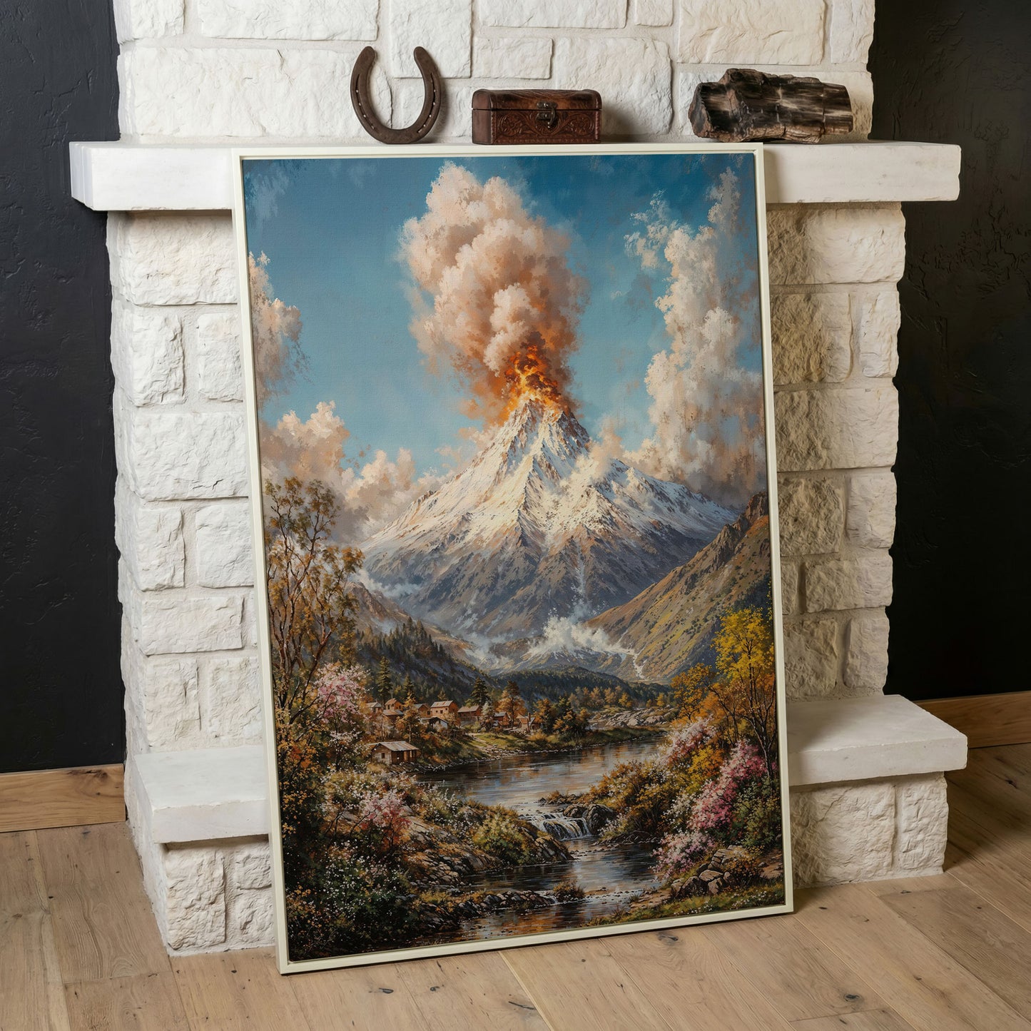 Erupting Volcano Over a Winter Lake, Canvas Wall Art in white floating frame