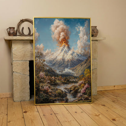 Erupting Volcano Over a Winter Lake, Canvas Wall Art in yellow gold floating frame