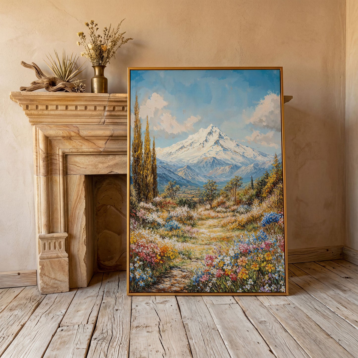 Snow Peak and Cypress Mountain Canvas Print in antique gold floating frame