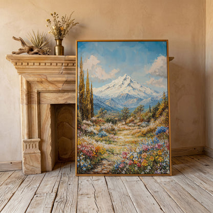 Snow Peak and Cypress Mountain Canvas Print in antique gold floating frame