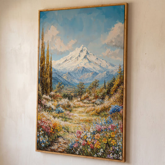 Snow Peak and Cypress Mountain Canvas Print shown in white oak floating frame