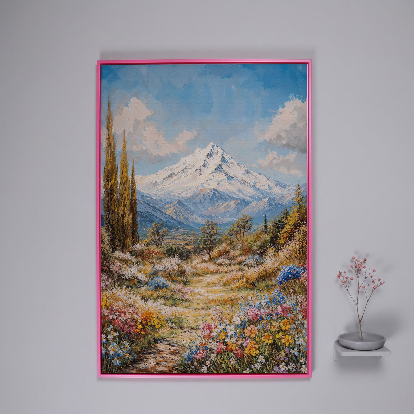 Snow Peak and Cypress Mountain Canvas Print in pink floating frame