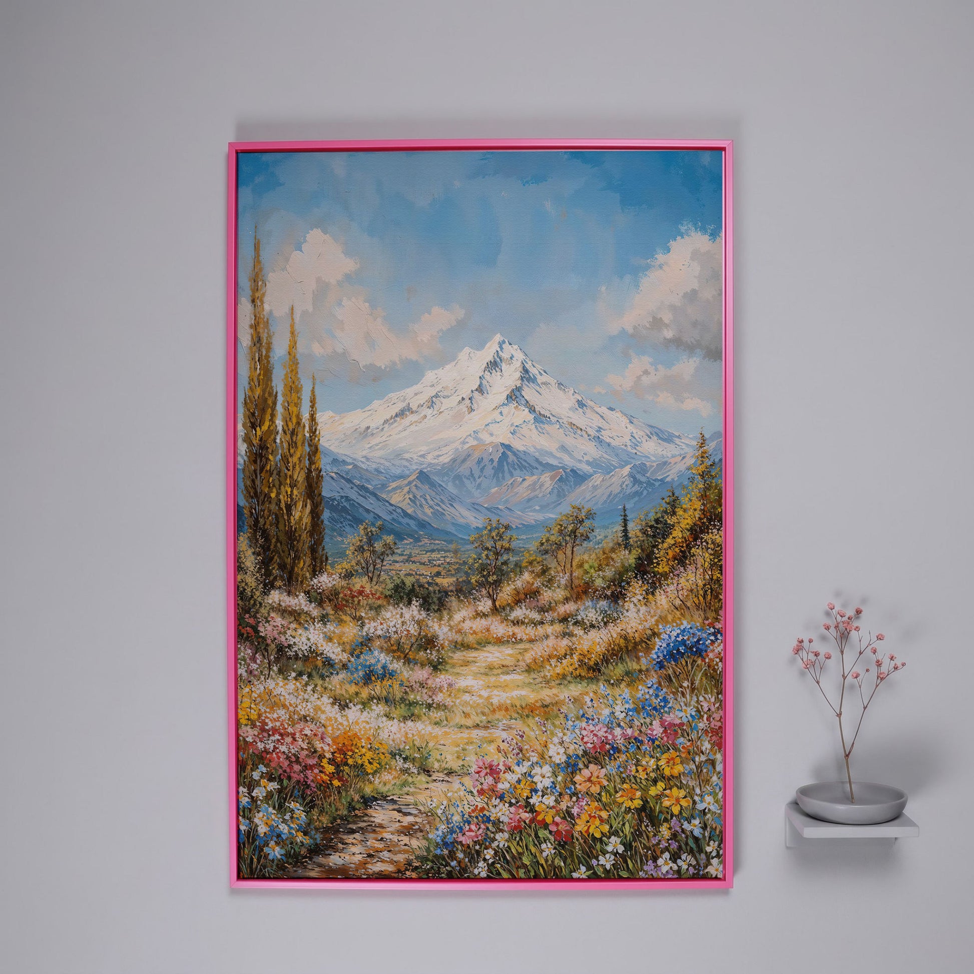 Snow Peak and Cypress Mountain Canvas Print in pink floating frame