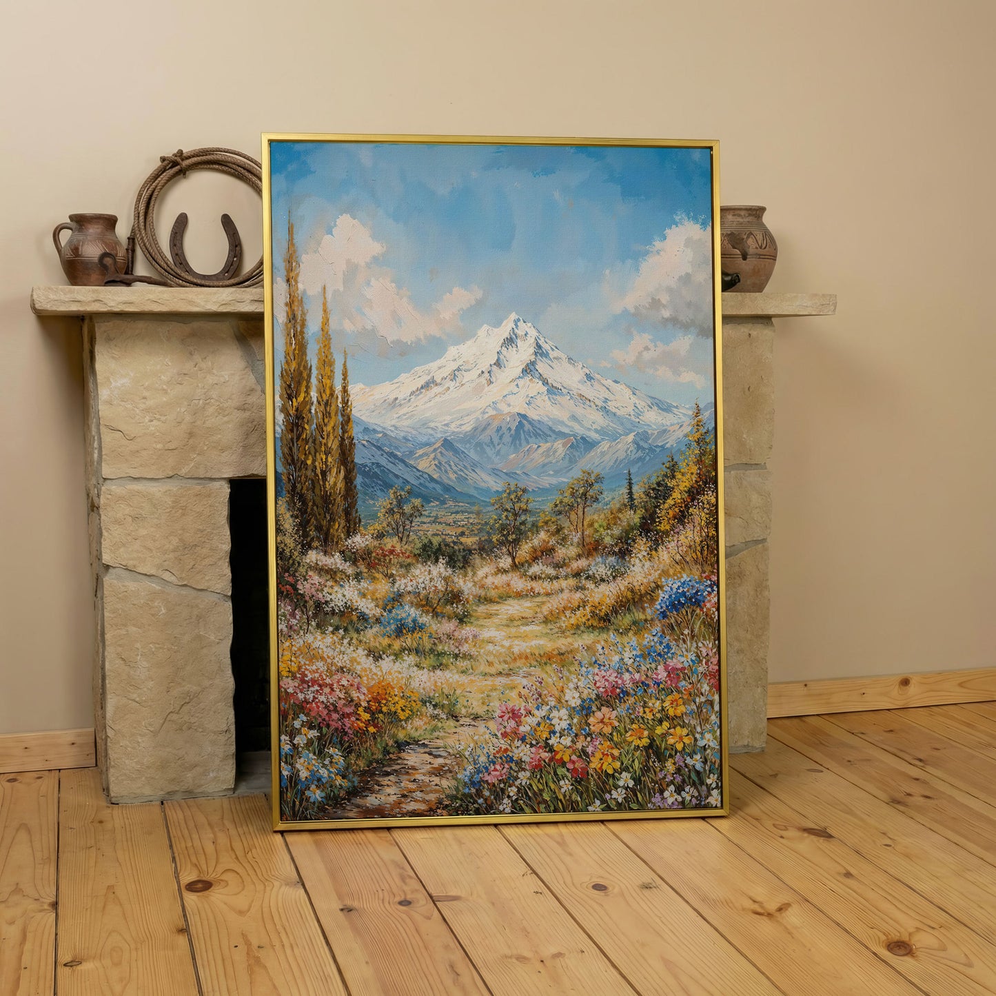 Snow Peak and Cypress Mountain Canvas Print in yellow gold floating frame