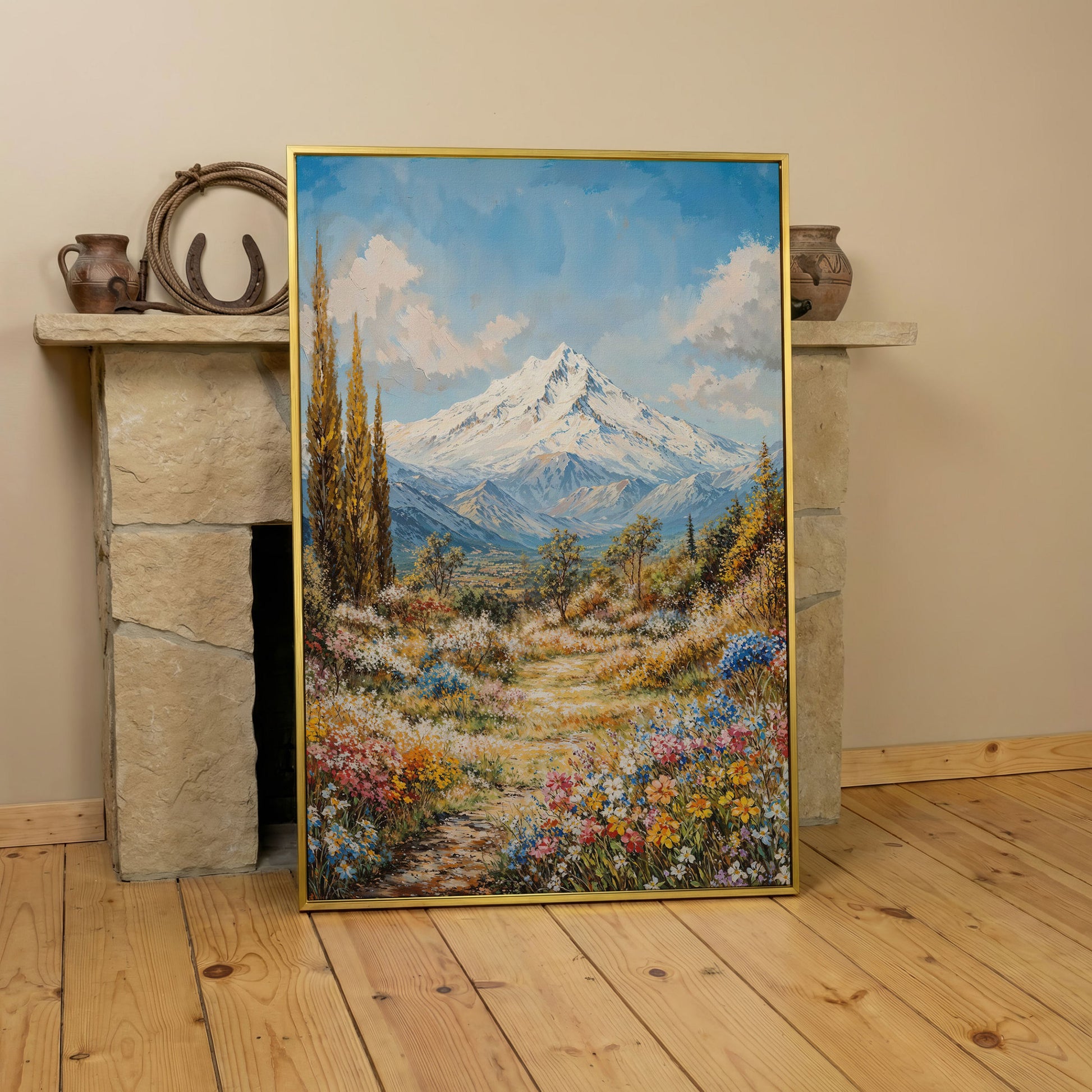 Snow Peak and Cypress Mountain Canvas Print in yellow gold floating frame