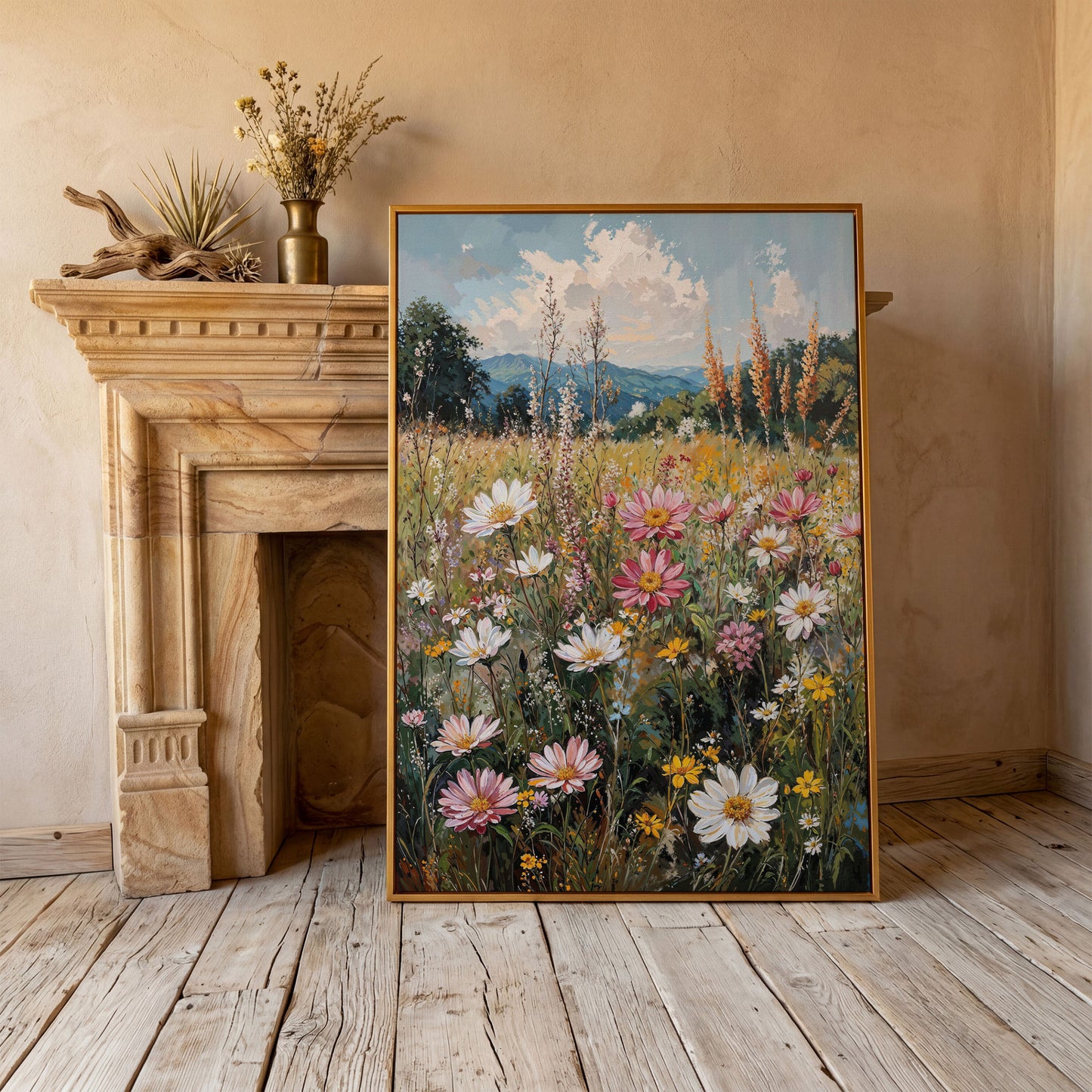 Pink Wildflower Meadow Canvas in antique gold floating frame