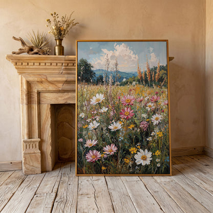 Pink Wildflower Meadow Canvas in antique gold floating frame