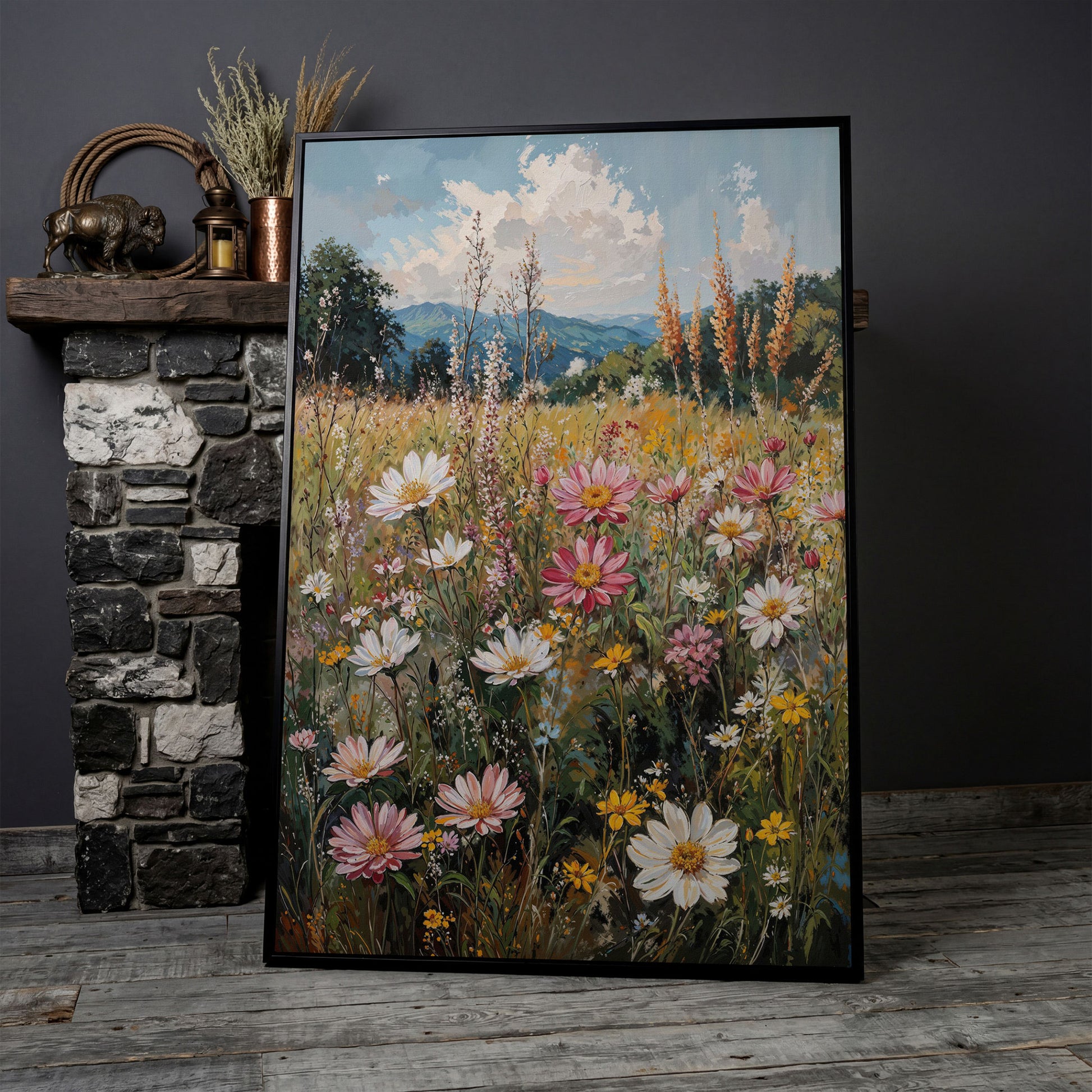 Pink Wildflower Meadow Canvas in black floating frame