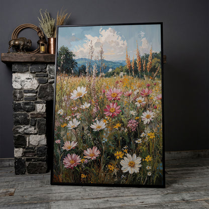 Pink Wildflower Meadow Canvas in black floating frame