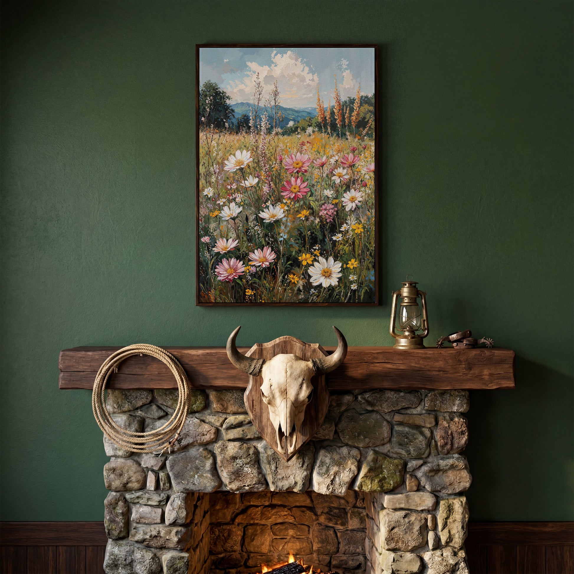 Pink Wildflower Meadow Canvas in dark walnut floating frame