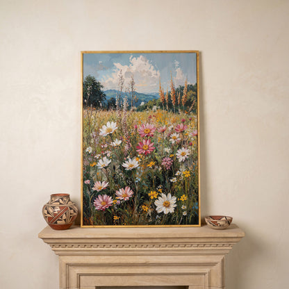 Pink Wildflower Meadow Canvas in white oak floating frame