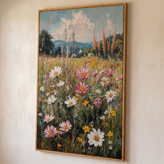 Pink Wildflower Meadow Canvas shown in white oak floating frame
