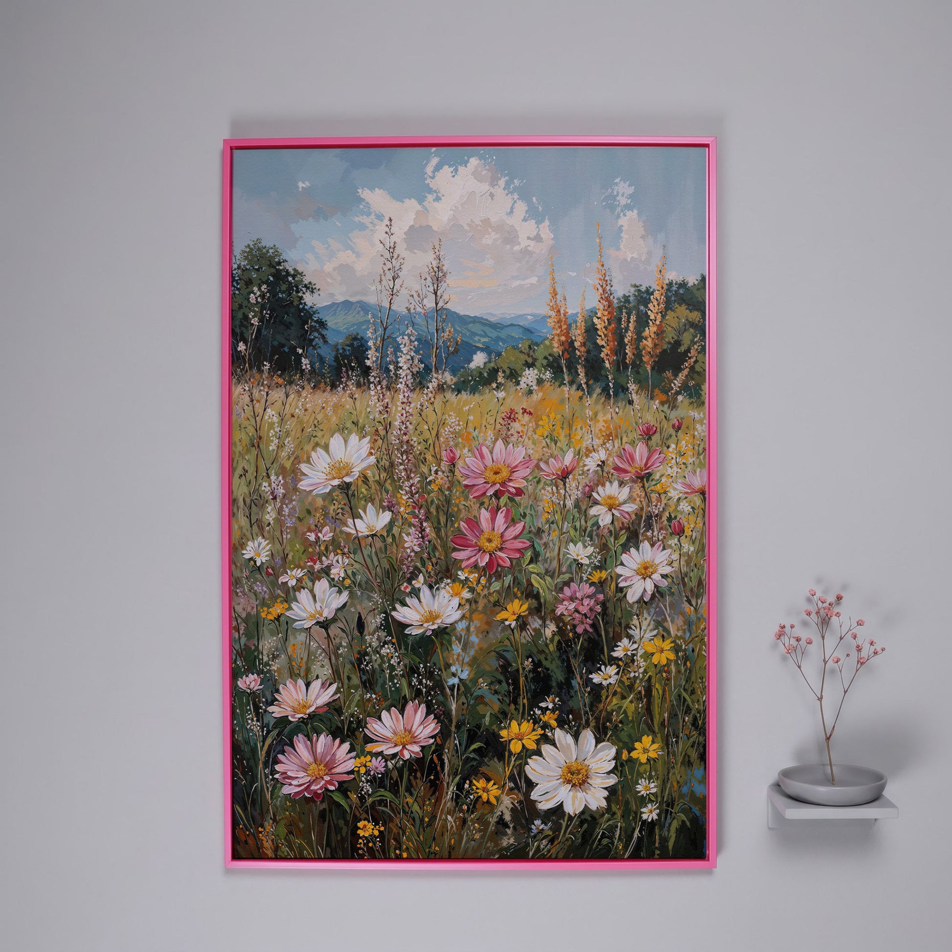 Pink Wildflower Meadow Canvas in pink floating frame