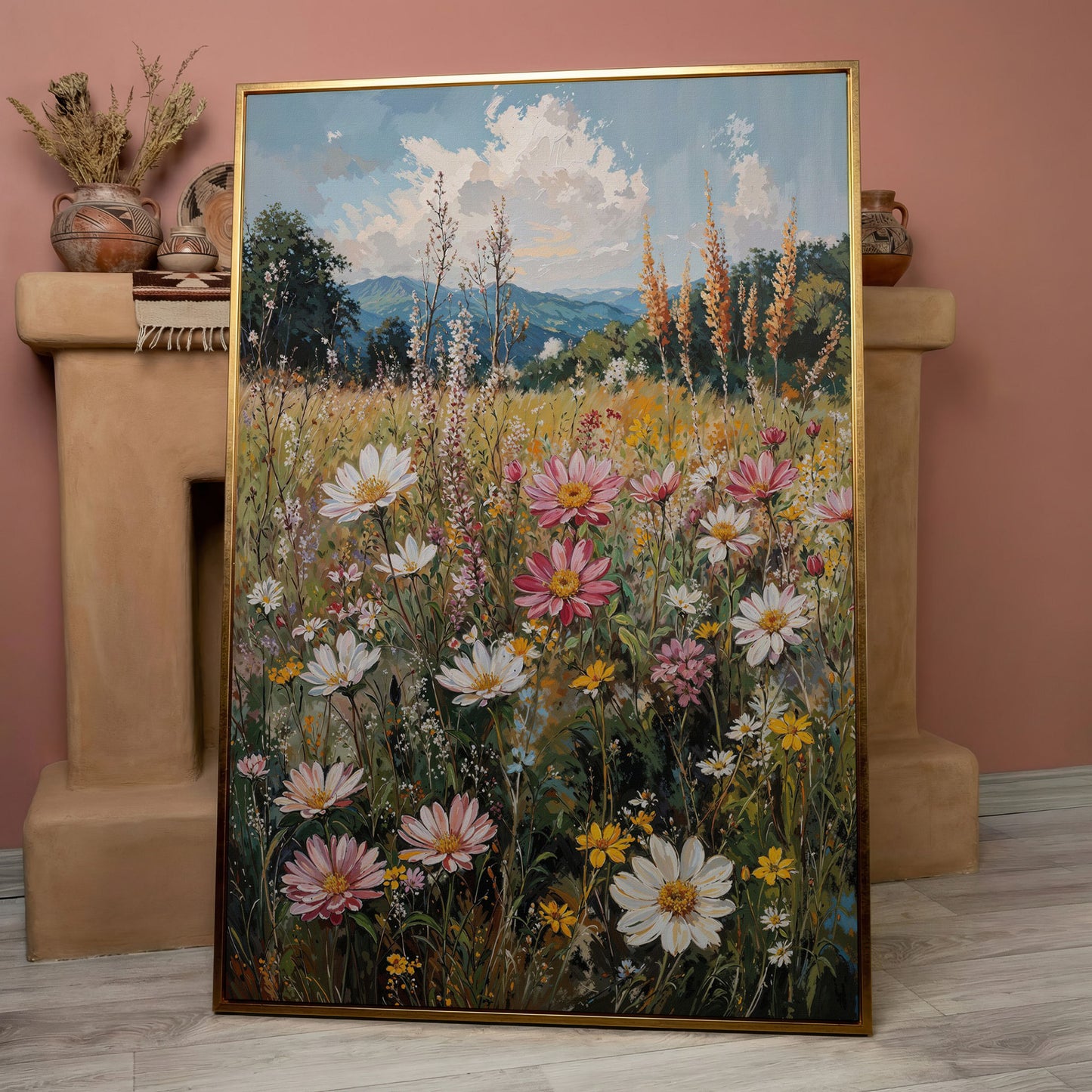 Pink Wildflower Meadow Canvas in rose gold floating frame