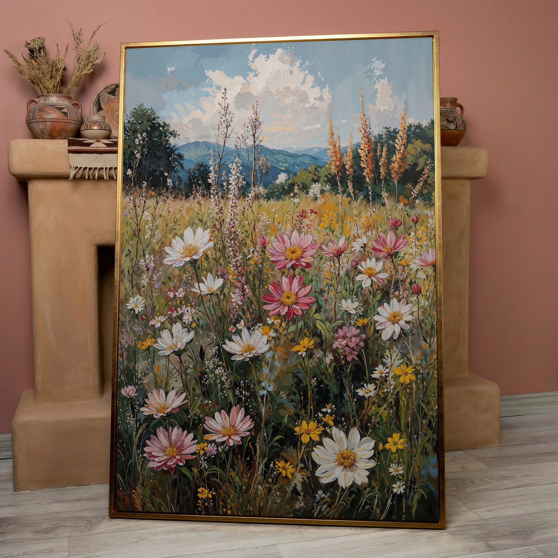 Pink Wildflower Meadow Canvas in rose gold floating frame
