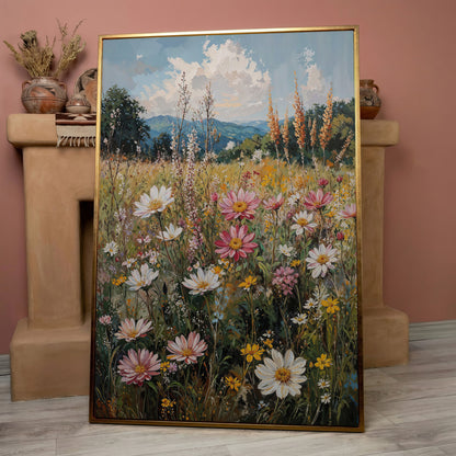 Pink Wildflower Meadow Canvas in rose gold floating frame