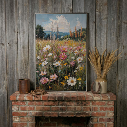 Pink Wildflower Meadow Canvas in silver floating frame