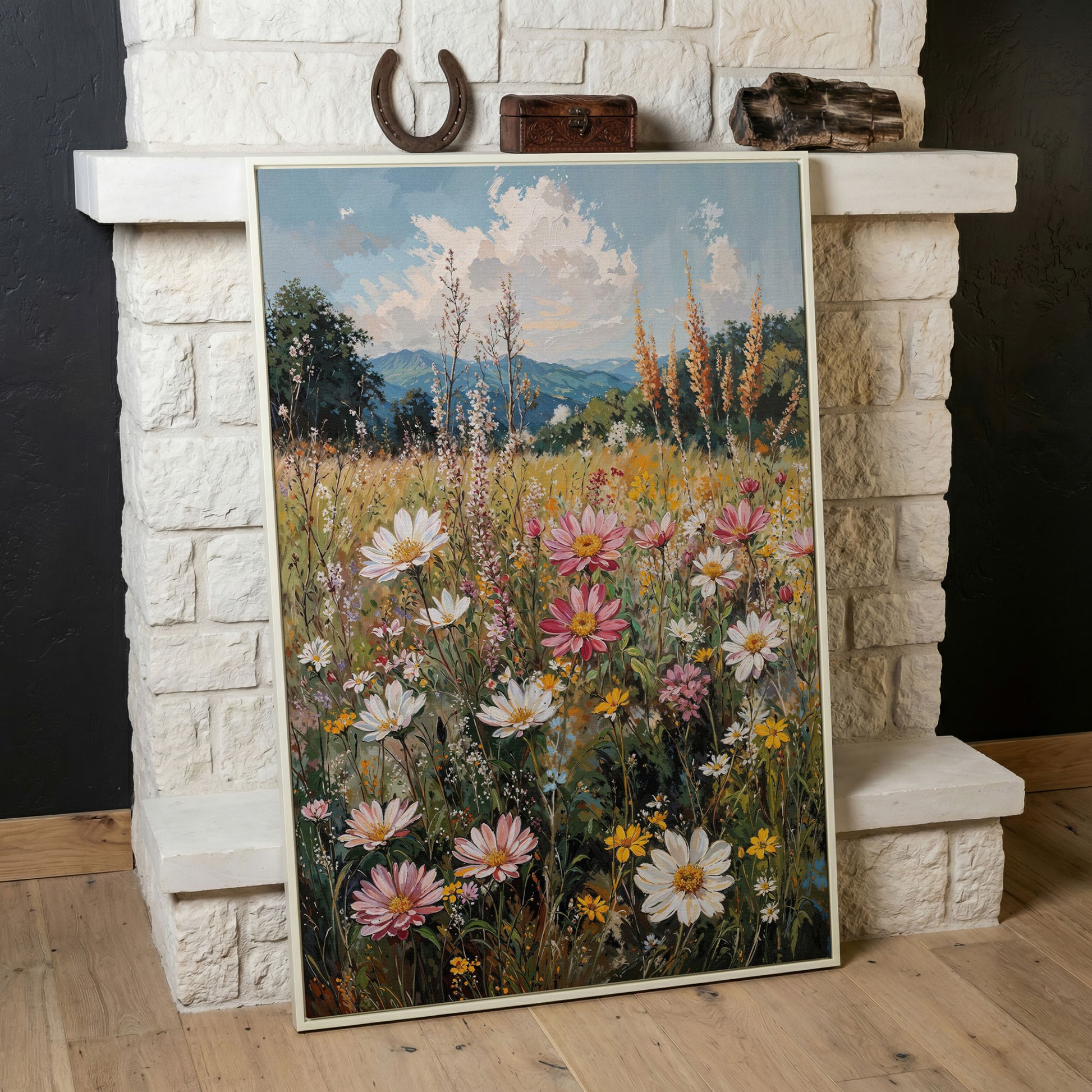 Pink Wildflower Meadow Canvas in white floating frame