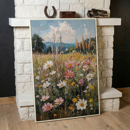 Pink Wildflower Meadow Canvas in white floating frame