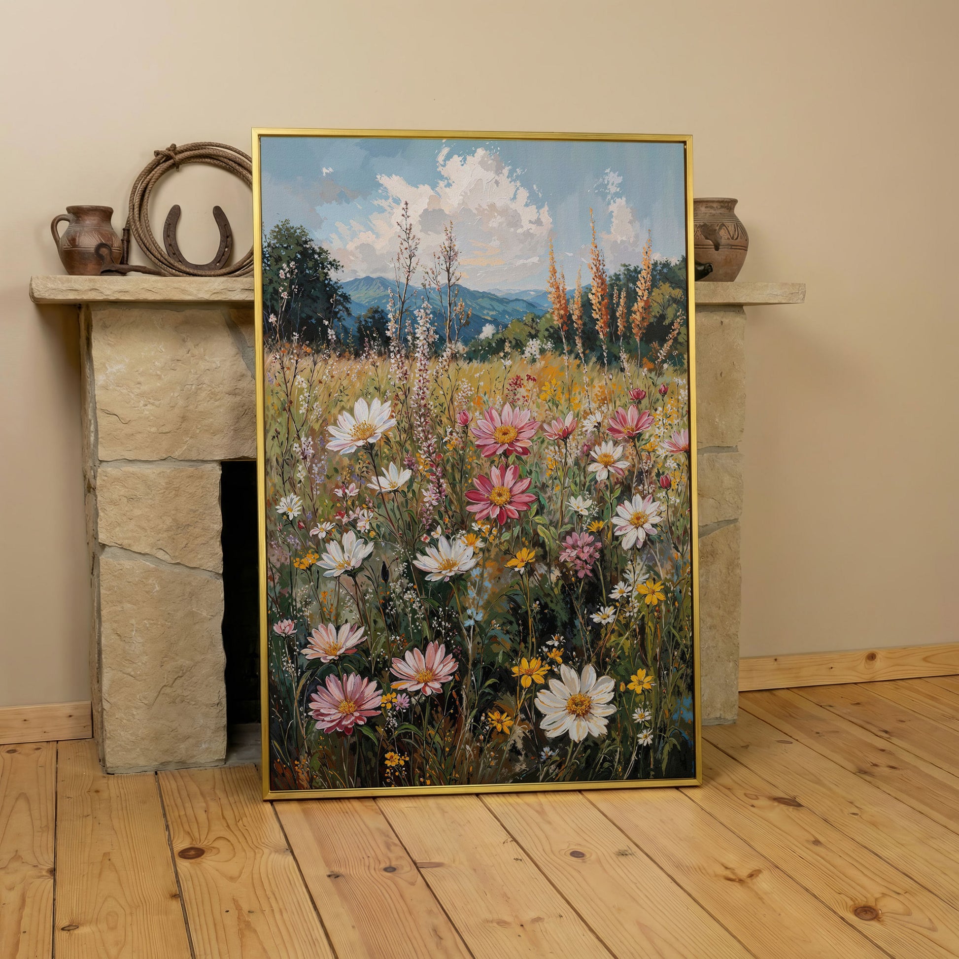 Pink Wildflower Meadow Canvas in yellow gold floating frame