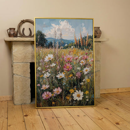 Pink Wildflower Meadow Canvas in yellow gold floating frame