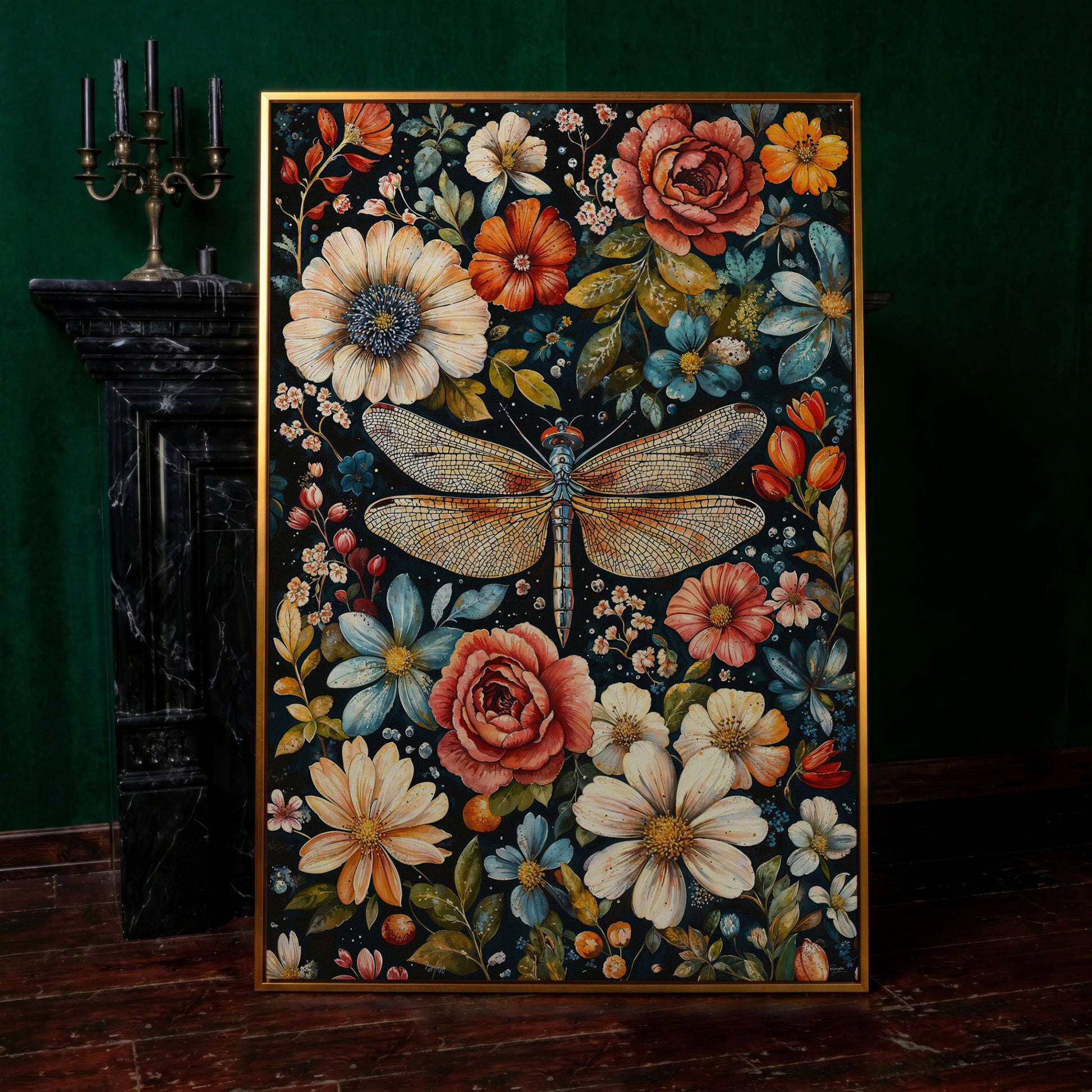 William Morris Dragonfly and Floral Canvas in antique gold floating frame
