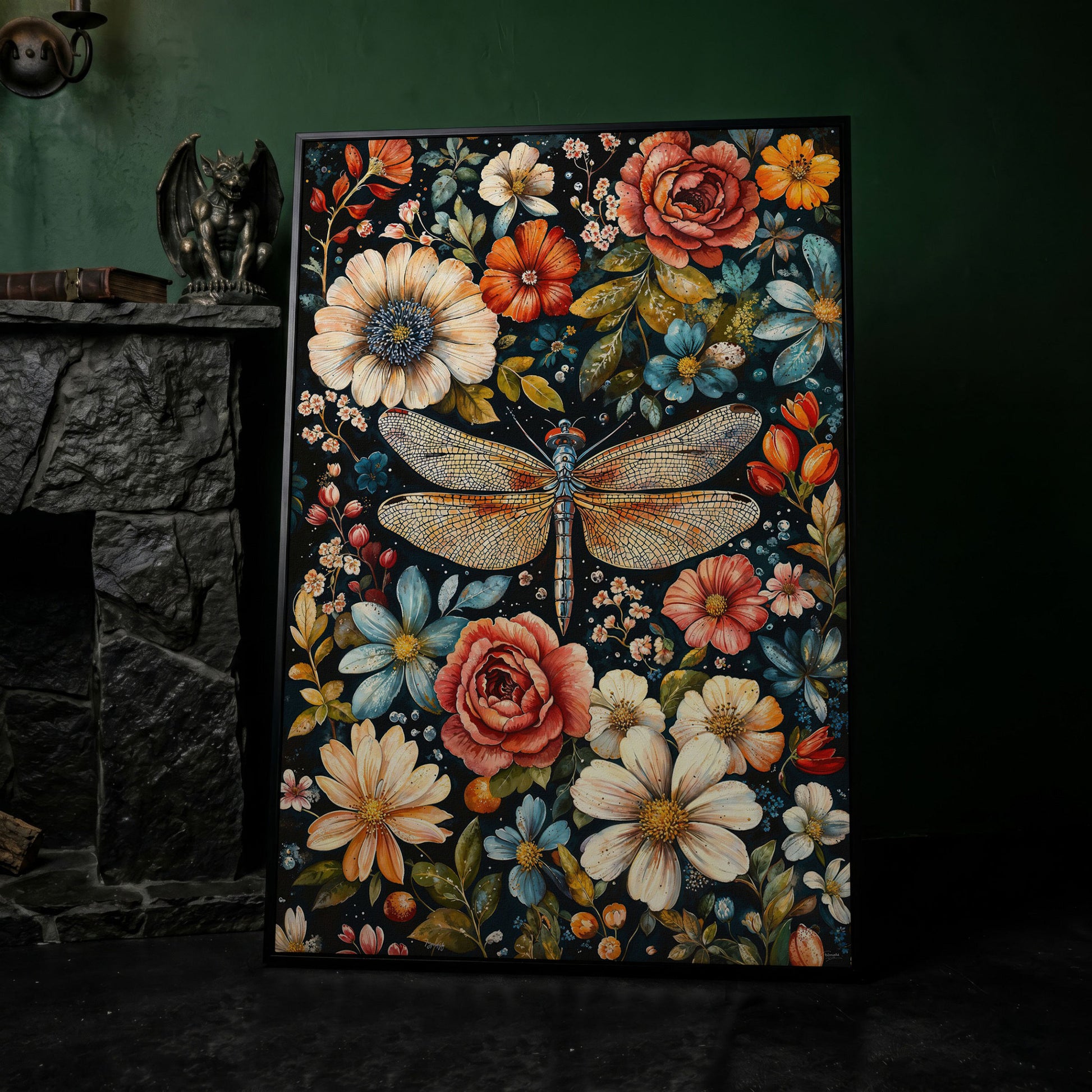 William Morris Dragonfly and Floral Canvas in black floating frame