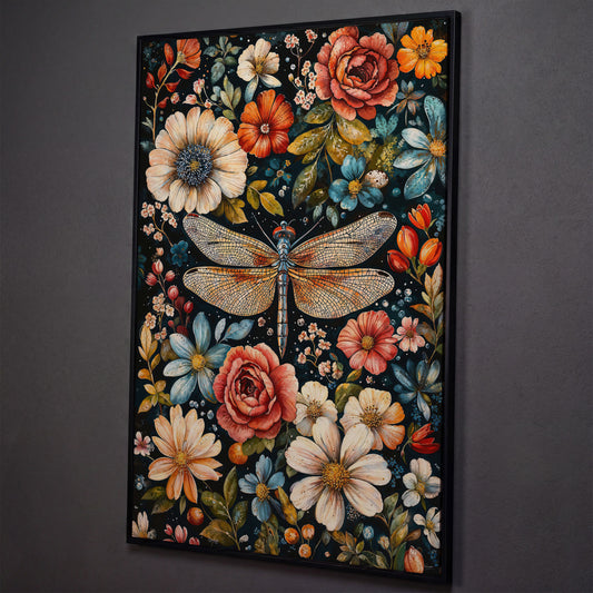 William Morris Dragonfly and Floral Canvas shown in black floating frame