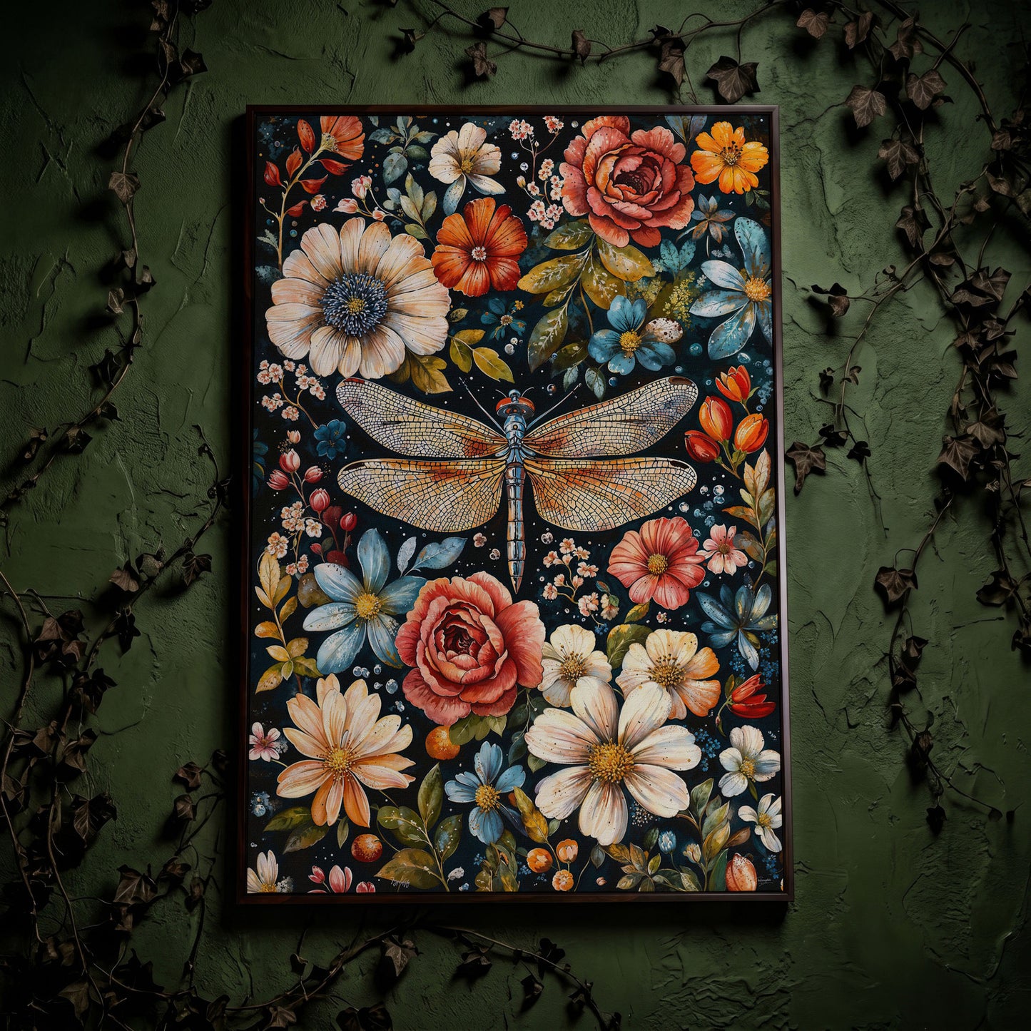 William Morris Dragonfly and Floral Canvas in dark walnut floating frame