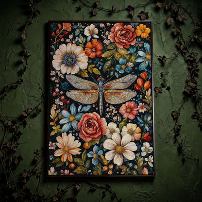 William Morris Dragonfly and Floral Canvas in dark walnut floating frame