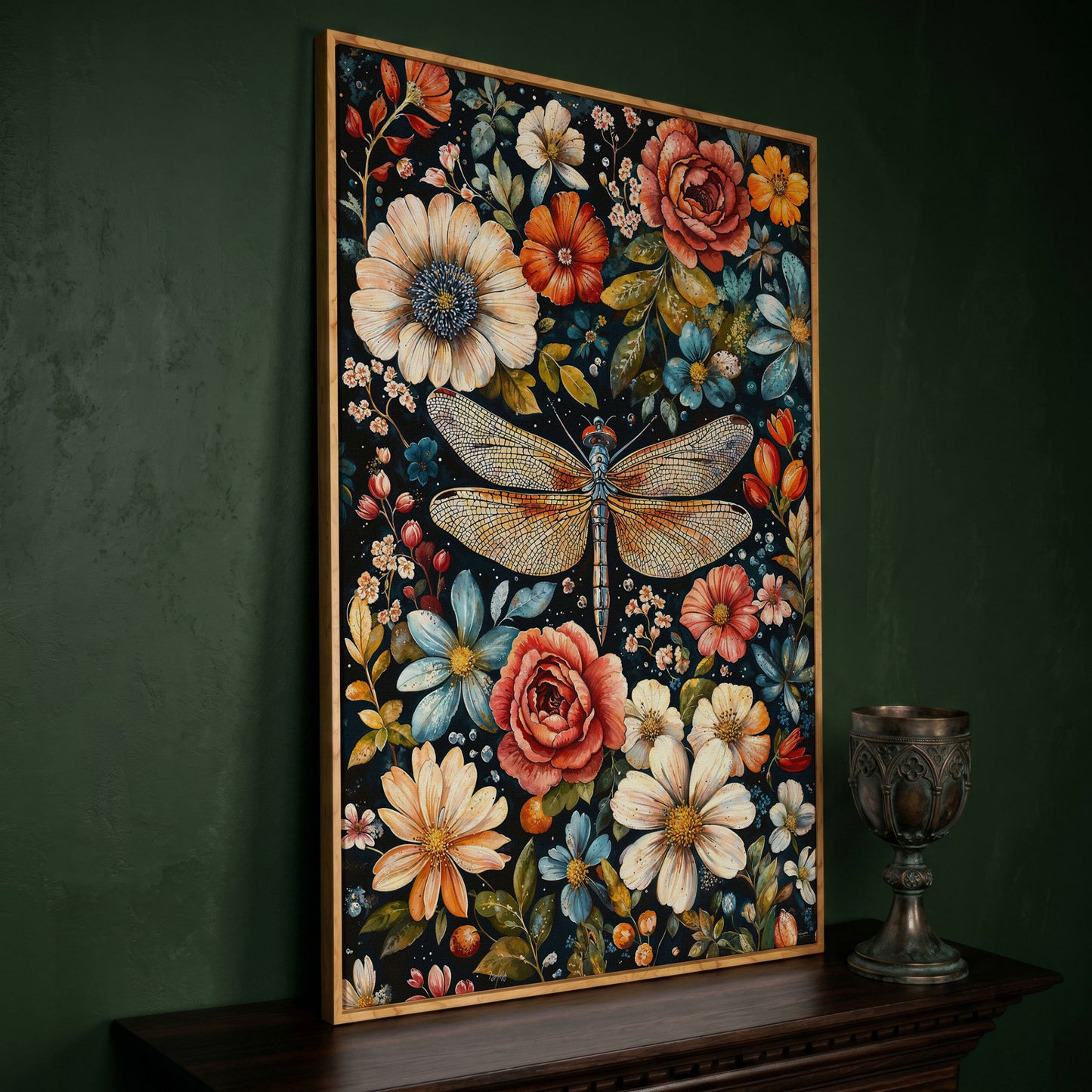 William Morris Dragonfly and Floral Canvas in white oak floating frame