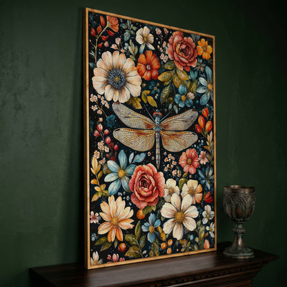 William Morris Dragonfly and Floral Canvas in white oak floating frame