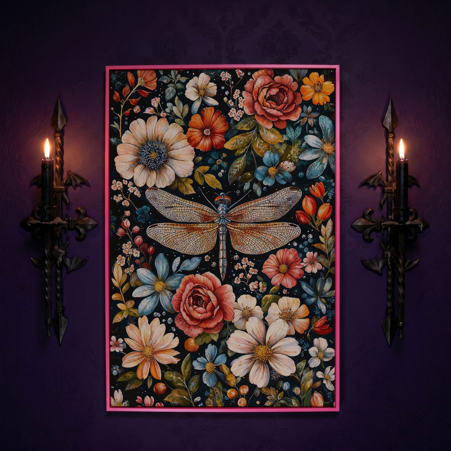 William Morris Dragonfly and Floral Canvas in pink floating frame