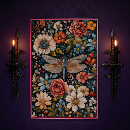 William Morris Dragonfly and Floral Canvas in pink floating frame