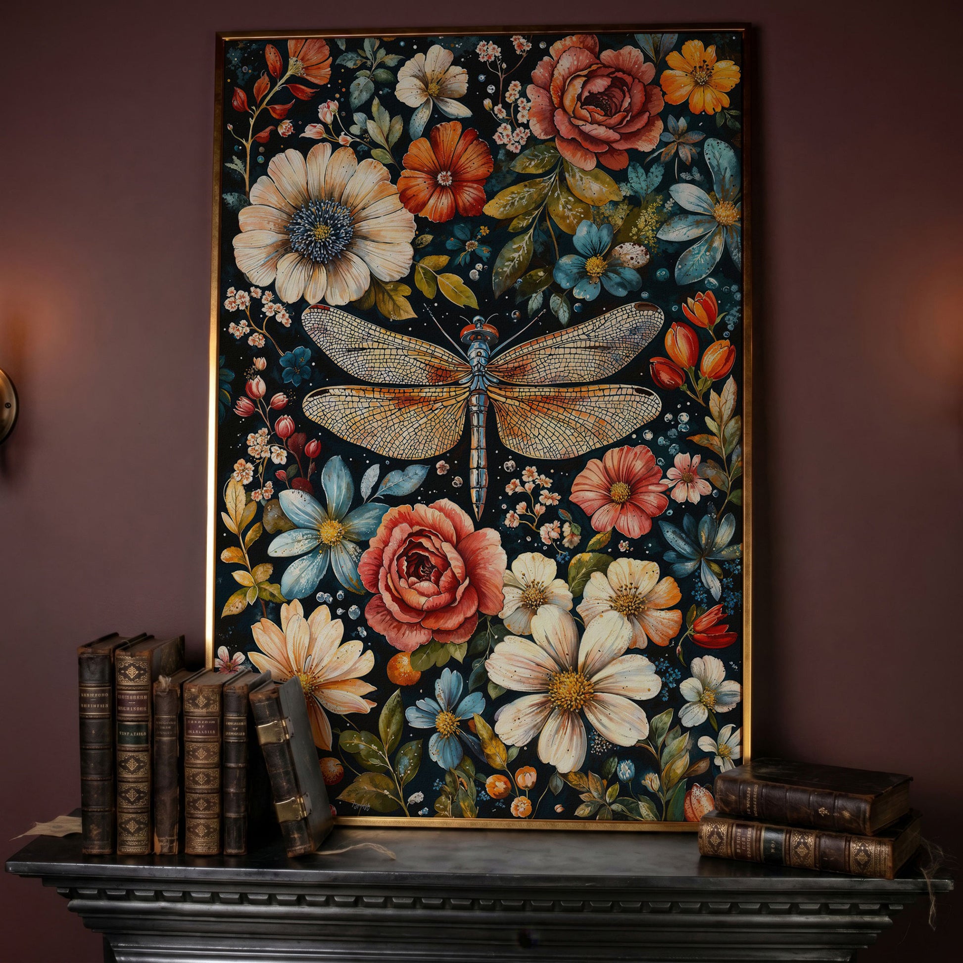 William Morris Dragonfly and Floral Canvas in rose gold floating frame