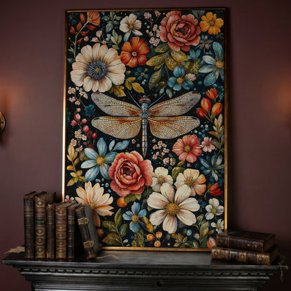 William Morris Dragonfly and Floral Canvas in rose gold floating frame