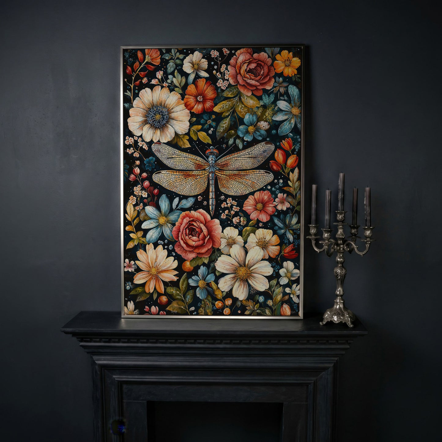 William Morris Dragonfly and Floral Canvas in silver floating frame