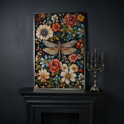 William Morris Dragonfly and Floral Canvas in silver floating frame