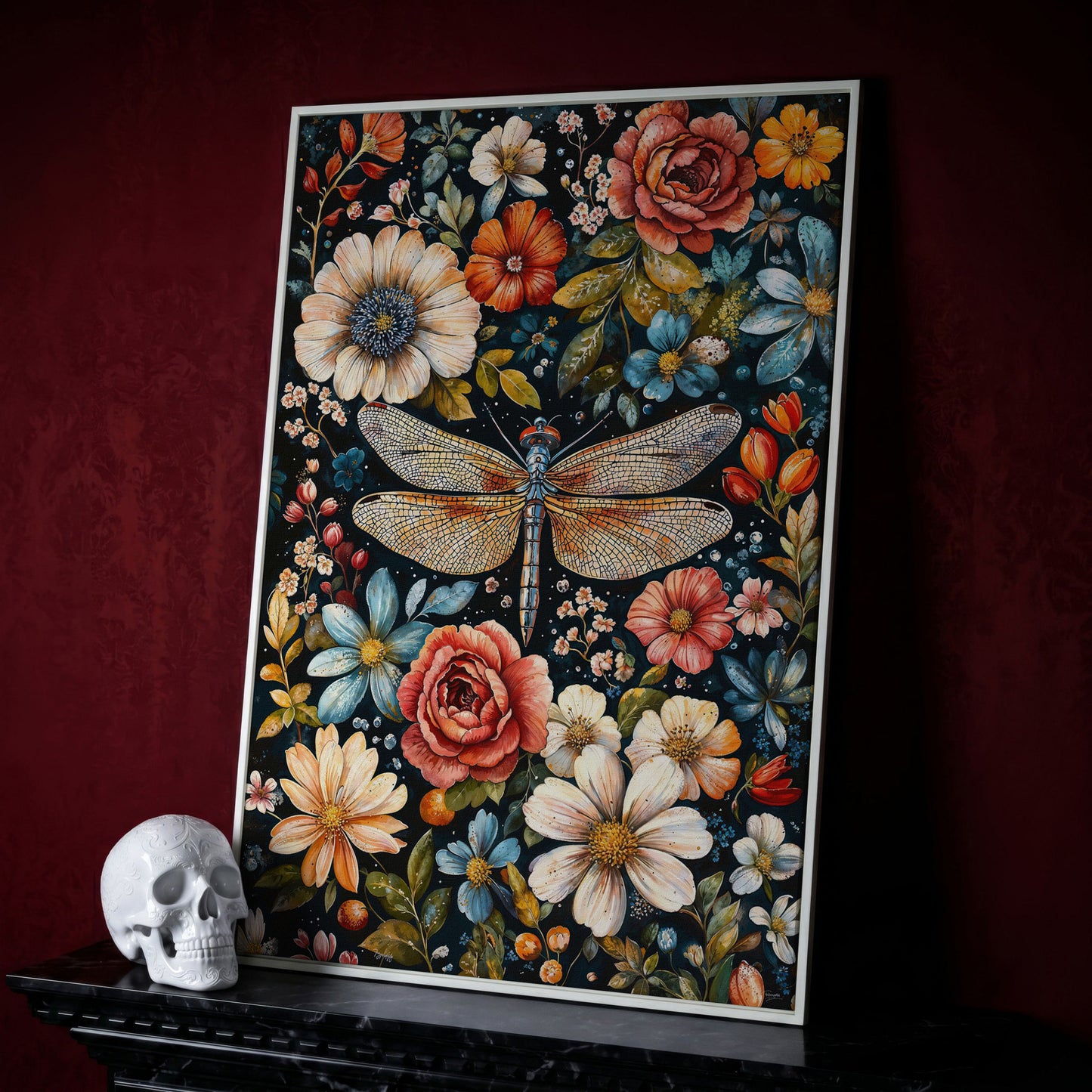 William Morris Dragonfly and Floral Canvas in white floating frame