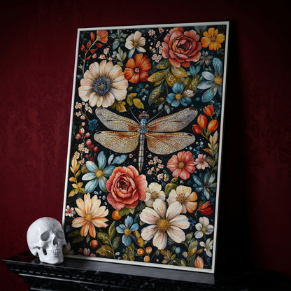 William Morris Dragonfly and Floral Canvas in white floating frame