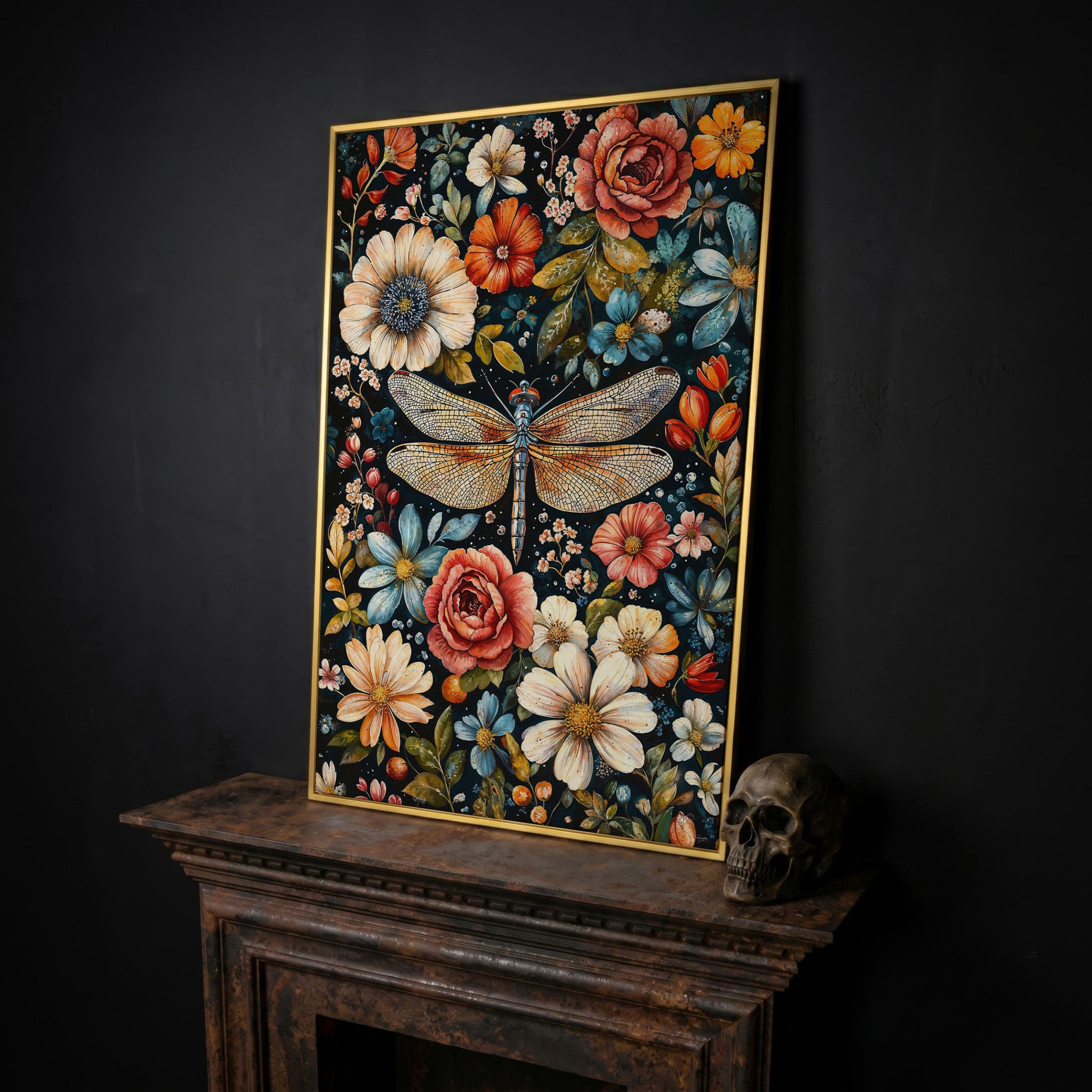William Morris Dragonfly and Floral Canvas in yellow gold floating frame