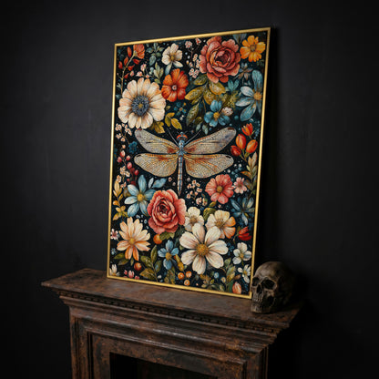 William Morris Dragonfly and Floral Canvas in yellow gold floating frame