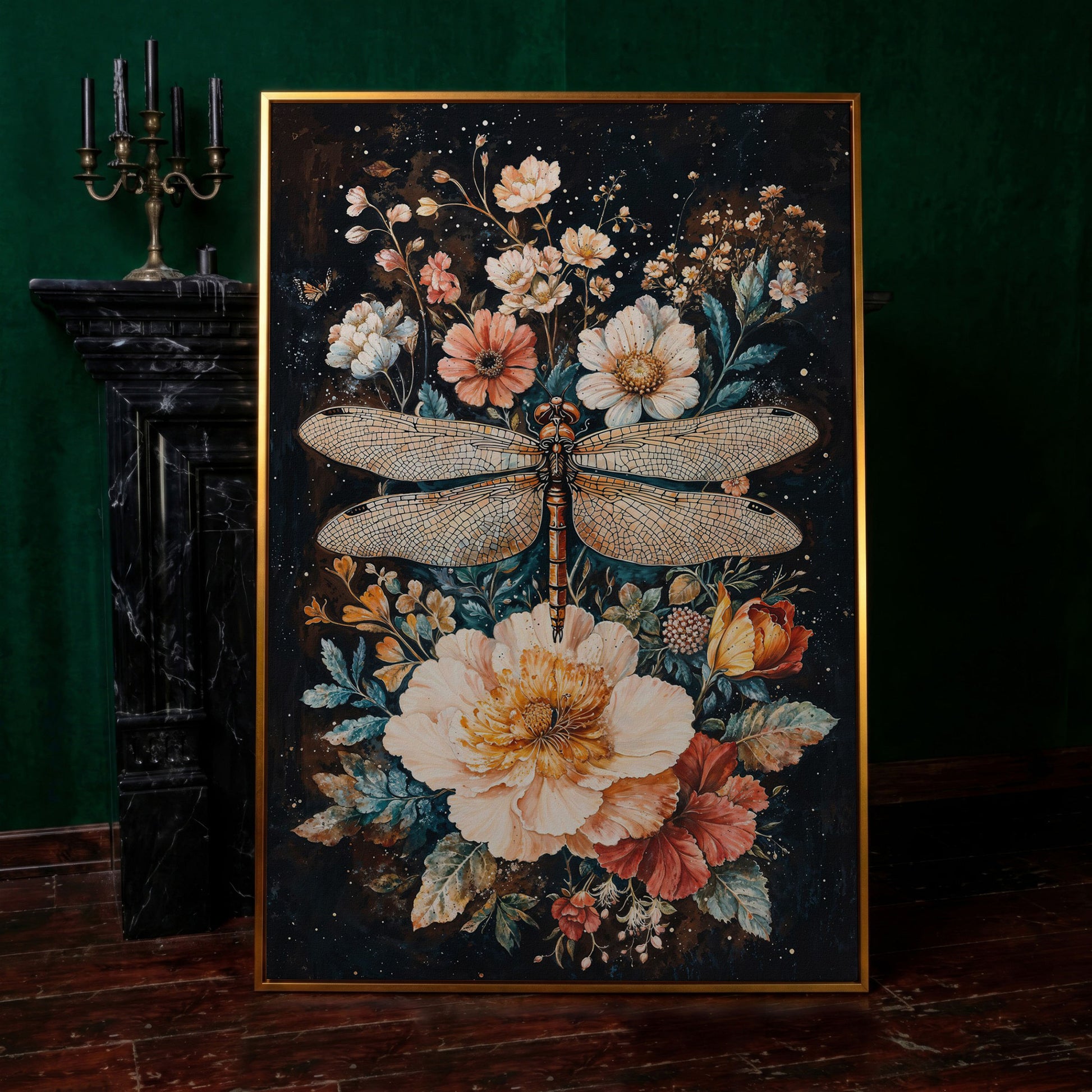 Dragonfly and Floral Fantasy Canvas in antique gold floating frame