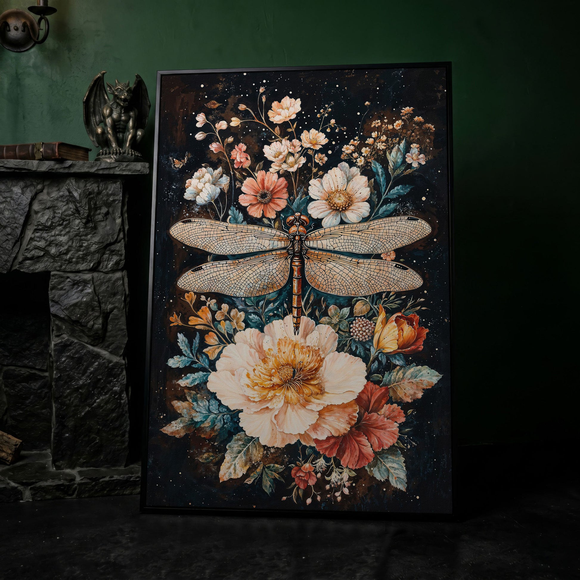 Dragonfly and Floral Fantasy Canvas in black floating frame