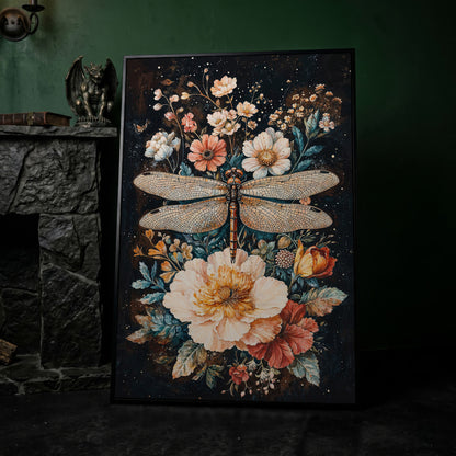 Dragonfly and Floral Fantasy Canvas in black floating frame